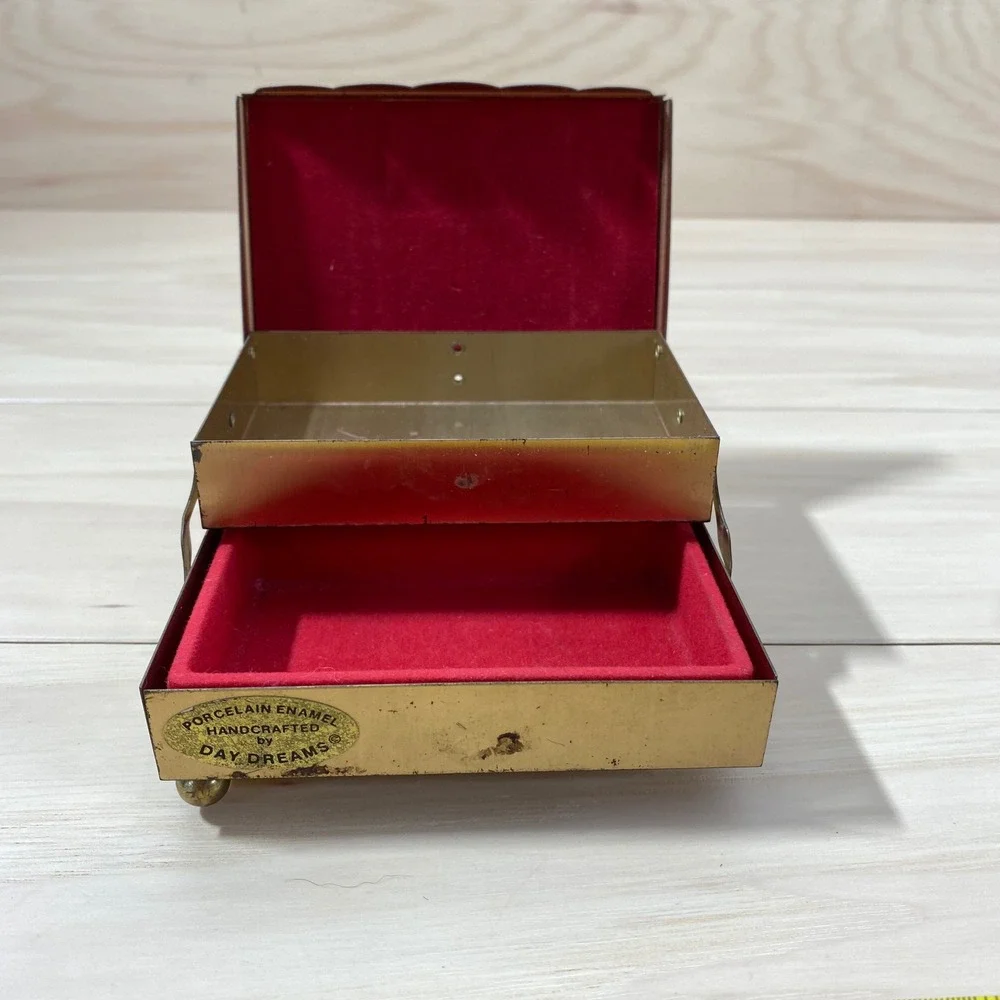Vintage Day Dreams Handcrafted Porcelain‎ Enamel Jewelry Box Winged Woman Brass